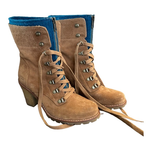 UGG suede camel brown lace up zipper heeled winter boots - Picture 1 of 14
